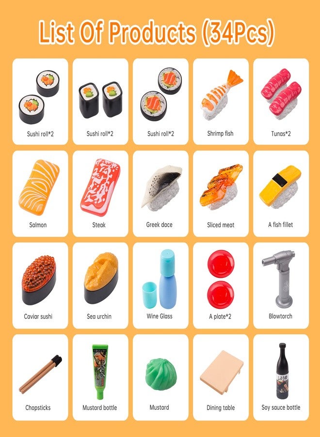 Funpynani Sushi Slicing Play Food Set, 34Pcs, 3+ Ages LED Light with Color Changing Pretend Food Toys Accessories with Velcro for Kids, Play Kitchen for Toddlers, Learning Gift for Girls Boys - Image 2